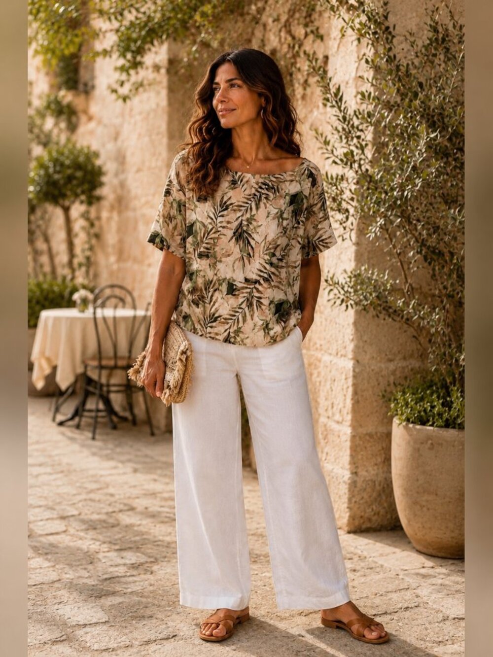 Calypso St. Barth Linen Palm Print Boat Neck Top XL